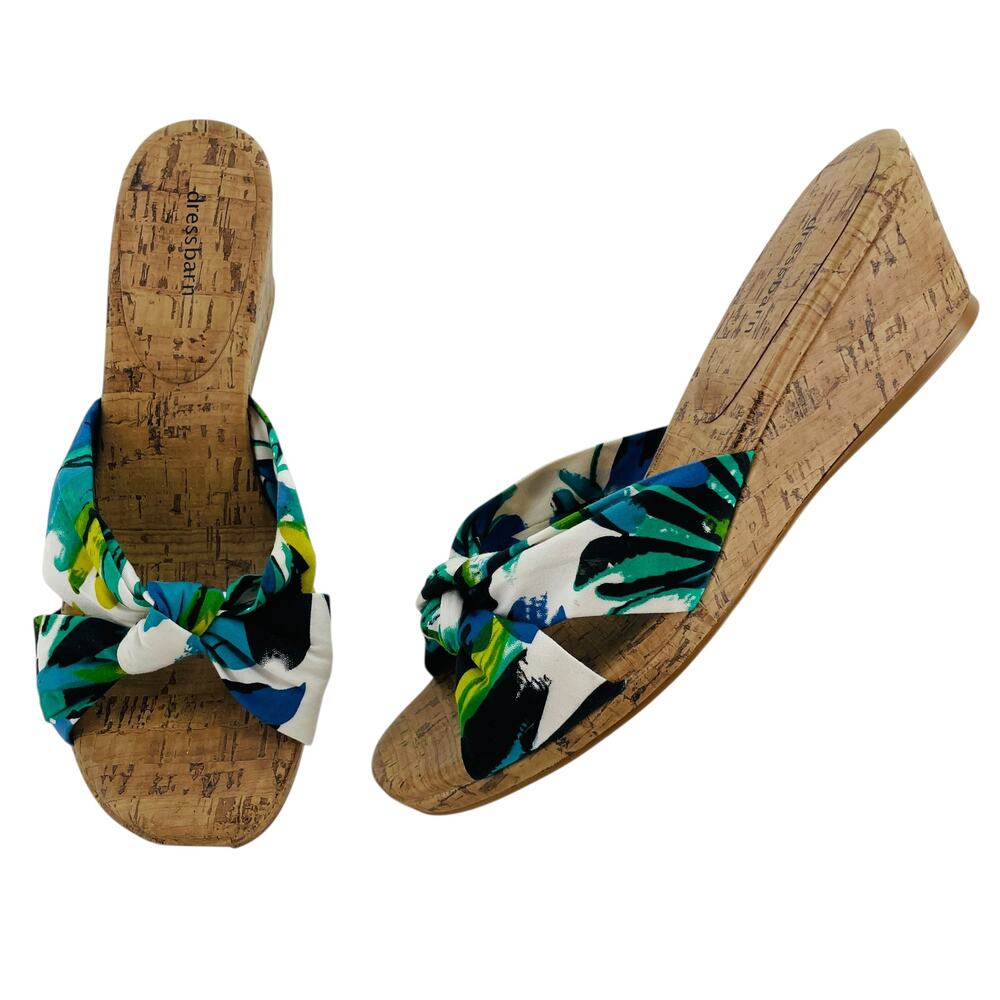 Dressbarn Mila Blue Fabric Floral Slip On Wedge Summer Beach Vacay Sandal 9
